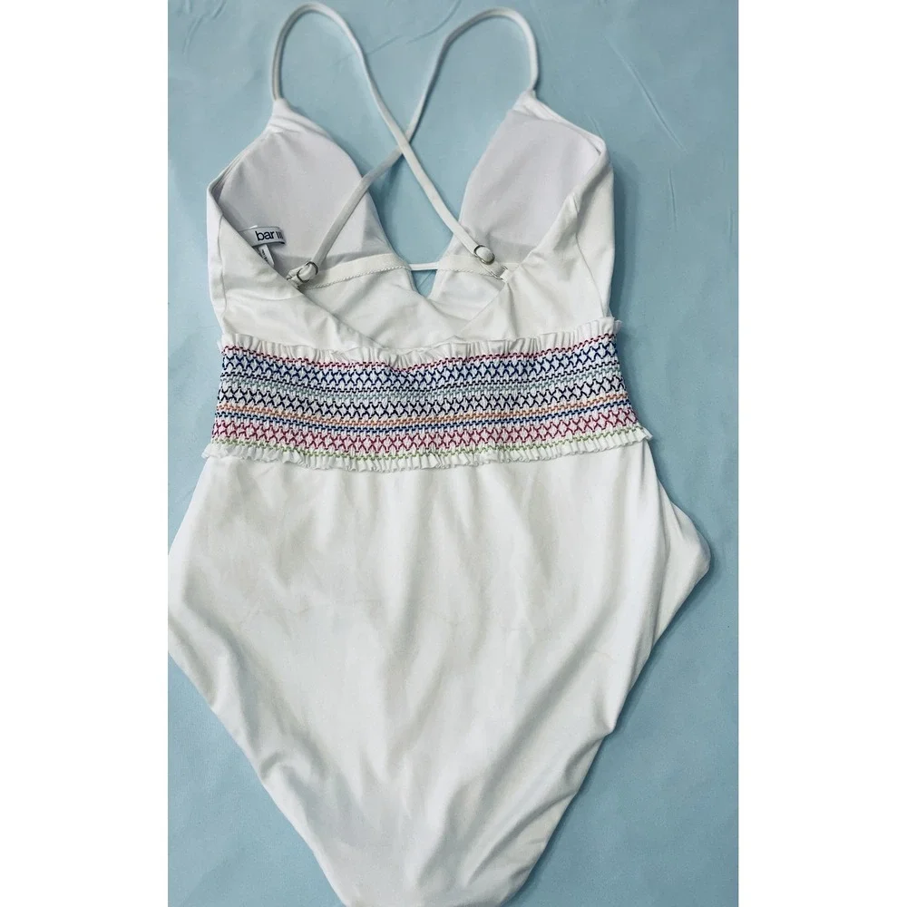 Bar III Swimsuit Womens Small White One Piece Smocked Waist Multicolor Trim Swim